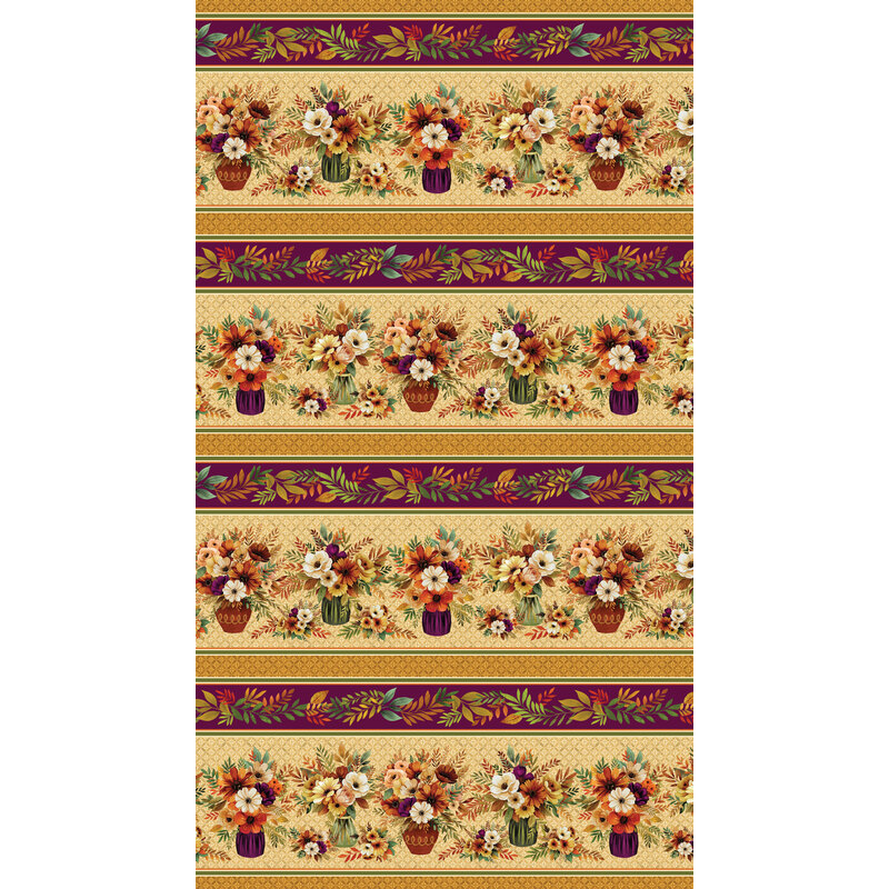 Fall-themed border stripe fabric with floral vases, geometric stripes, and autumn leaves.