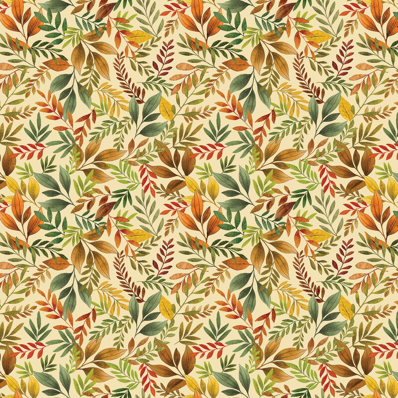 Tan fabric with a dense pattern of stylized fall leaves.