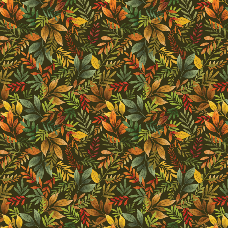 Green fabric with a dense pattern of stylized fall leaves.