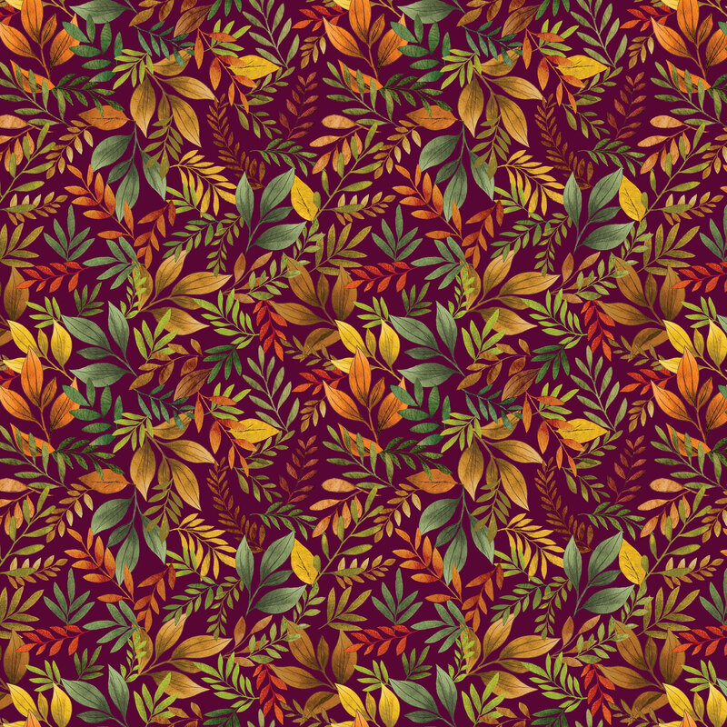 Purple fabric with a dense pattern of stylized fall leaves.