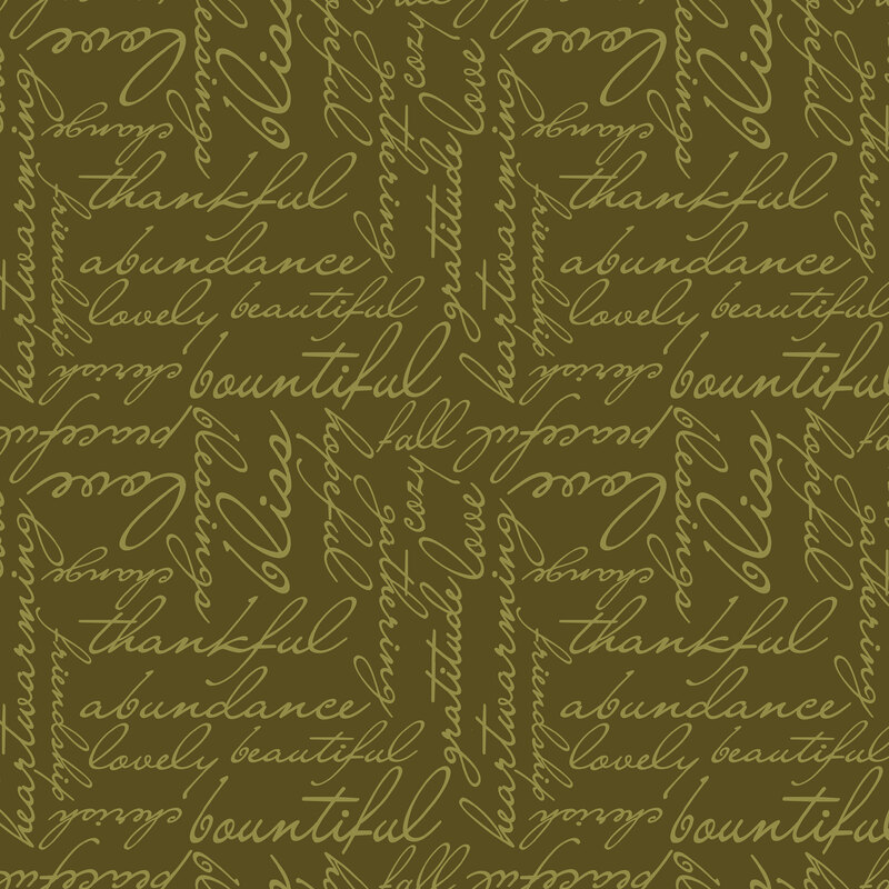 Green fabric with autumn-themed cursive text.