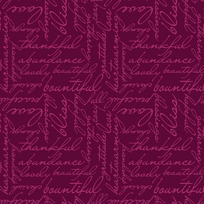 Purple fabric with autumn-themed cursive text.