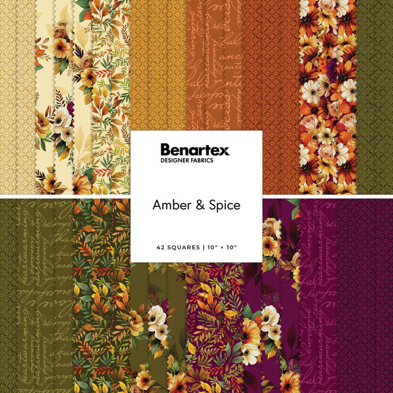 Benartex “Amber & Spice” fabric squares in autumn floral and warm-toned prints.