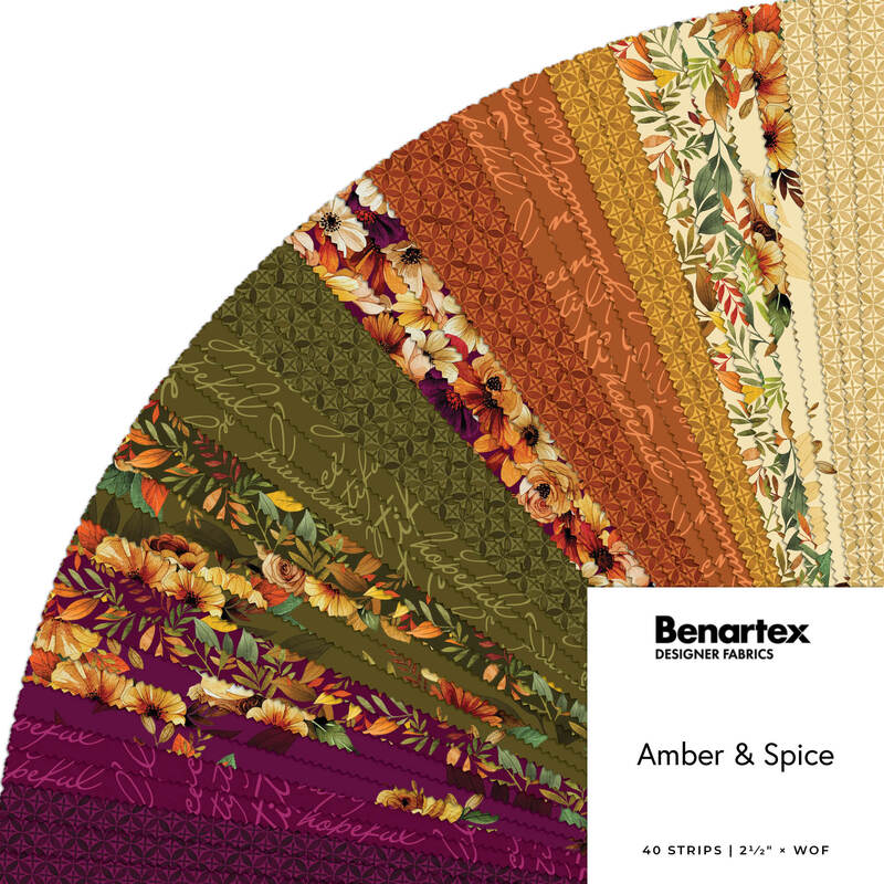 Fabric swatch fan in amber, green, purple, and orange floral patterns with Benartex logo.
