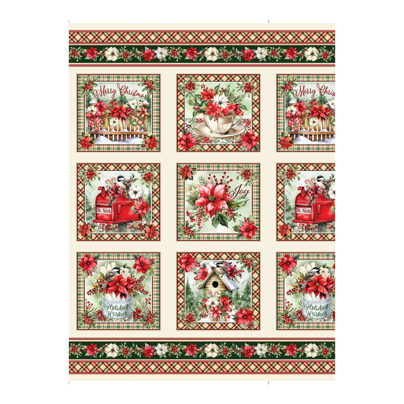 Cream panel with six images of various holiday items like flowers, a birdhouse, St. Nick's mailbox, and more.
