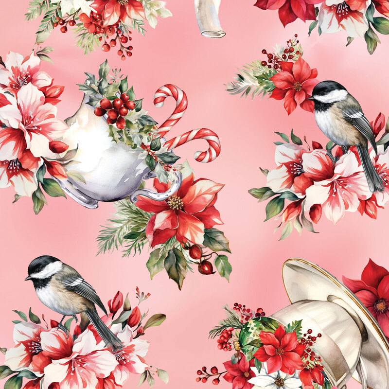 Pink mottled fabric with tossed cups, poinsettias, and chickadees.