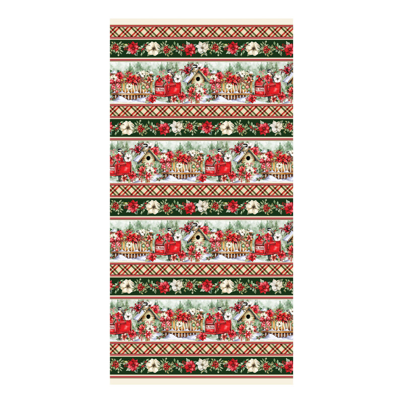 Border stripe fabric with alternating stripes of plaid, poinsettia flowers, and birdhouses with St. Nick's mailbox.
