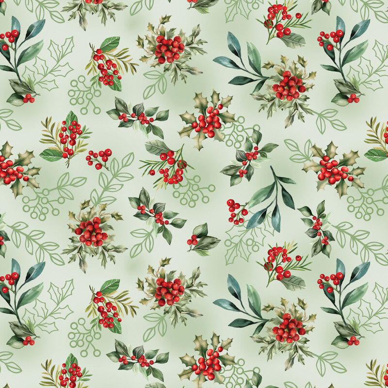 Mottled light sage fabric with tossed sprigs of leaves and winter berries.
