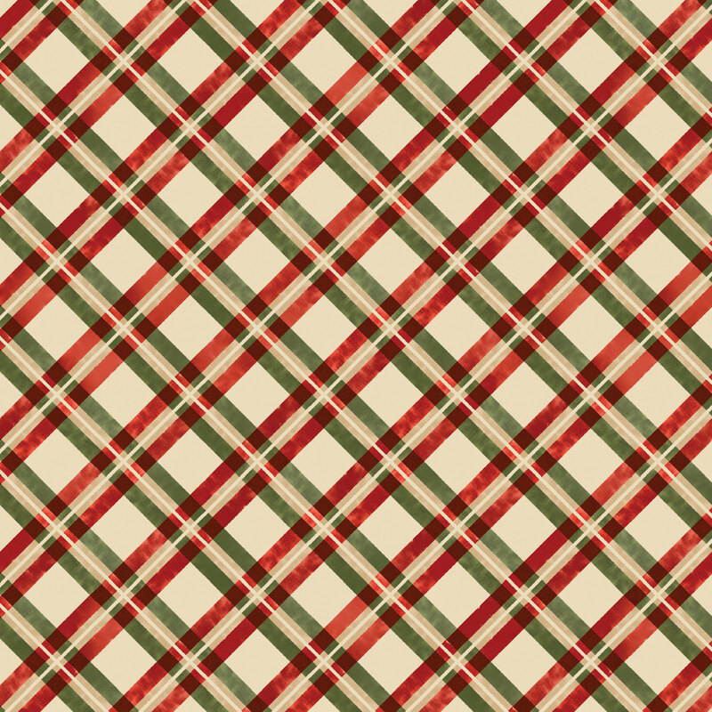 Diagonal red, green, and cream plaid fabric.