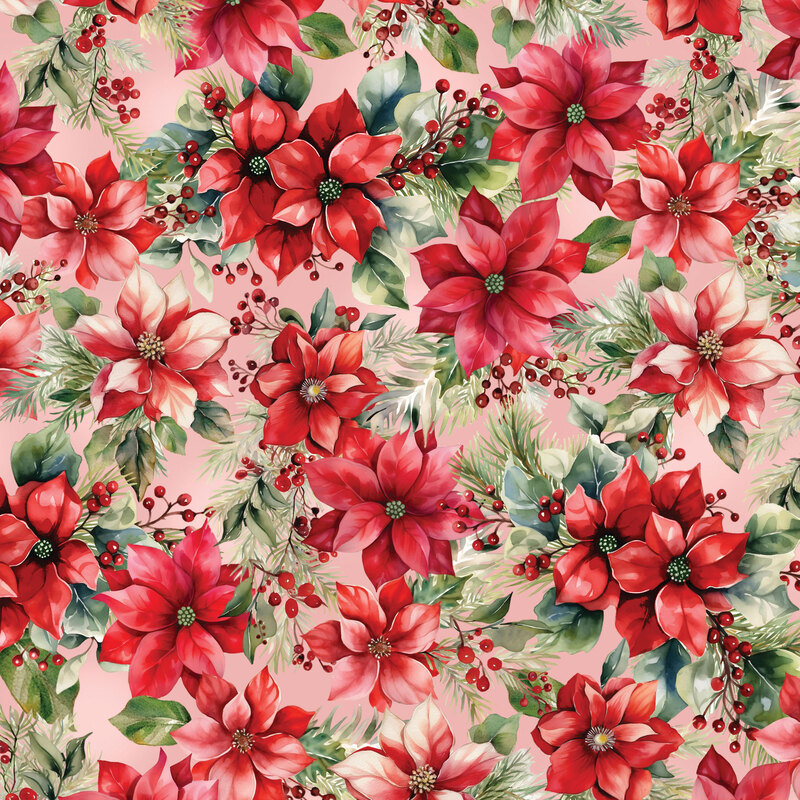 Pink fabric with a packed design of poinsettias and leaves.