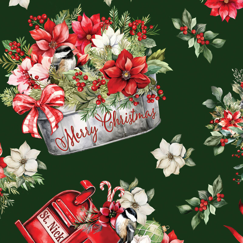 Dark green fabric with tossed poinsettias, buckets of flowers, and mailboxes.