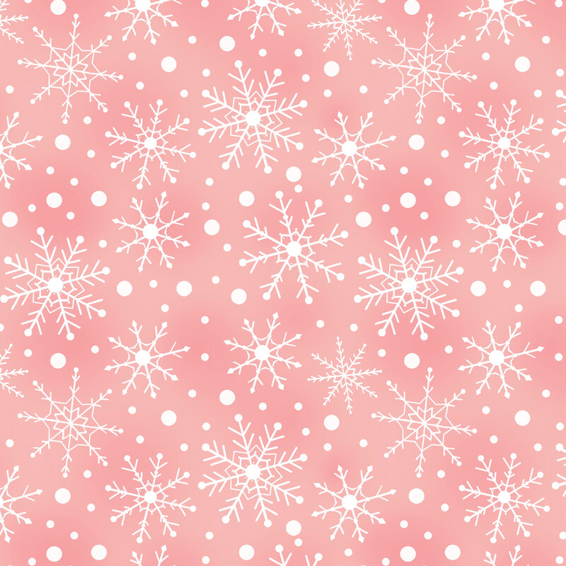 Mottled pink fabric with tossed white snowflakes and dots.