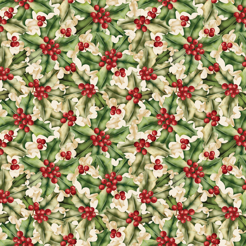 Packed design of holly leaves and berries.