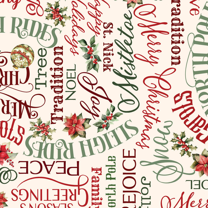 Cream fabric with a packed design of perpendicular holiday phrases and words.