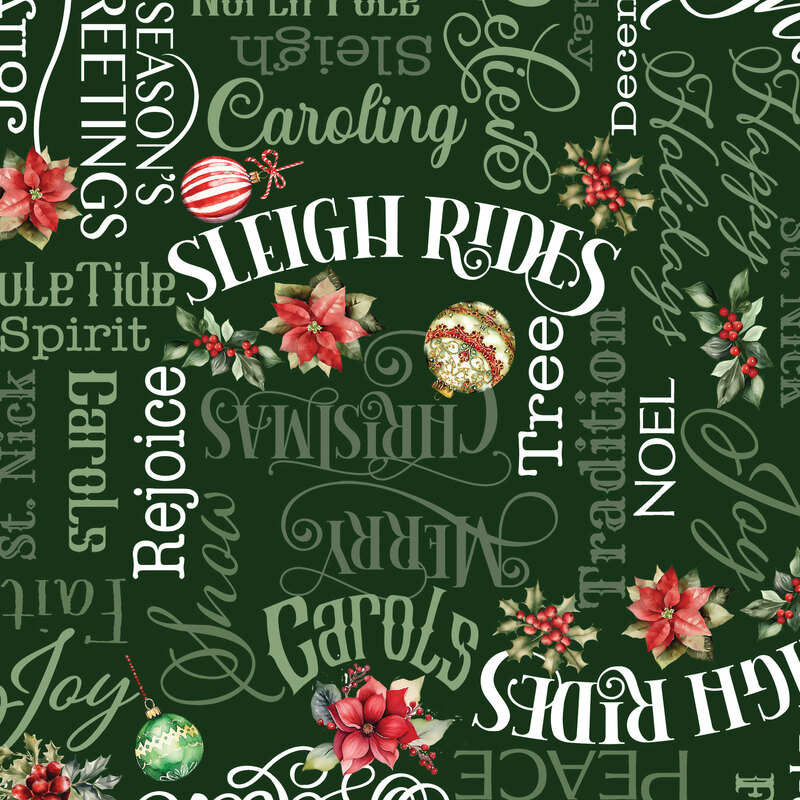 Dark green fabric with a packed design of perpendicular holiday phrases and words.