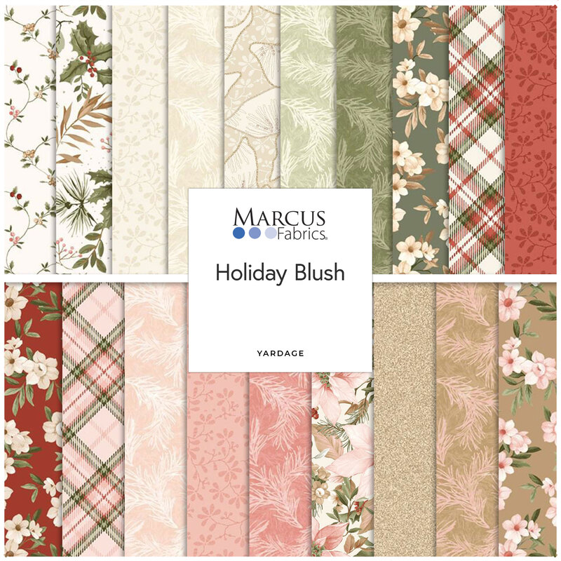 Digital collage of the available yardage fabrics from the Holiday Blush fabric collection.