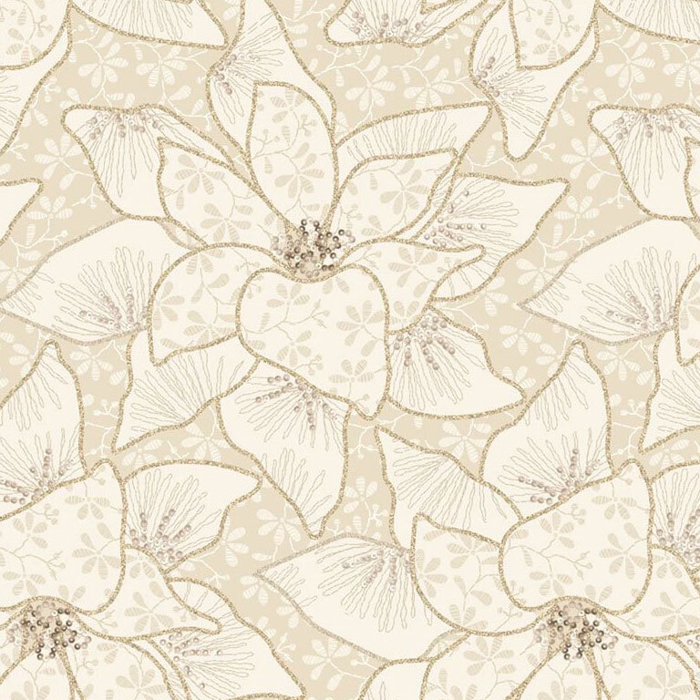 Light tan fabric with a cream floral vine print topped with a scattered pattern of poinsettias accented with smaller florals.
