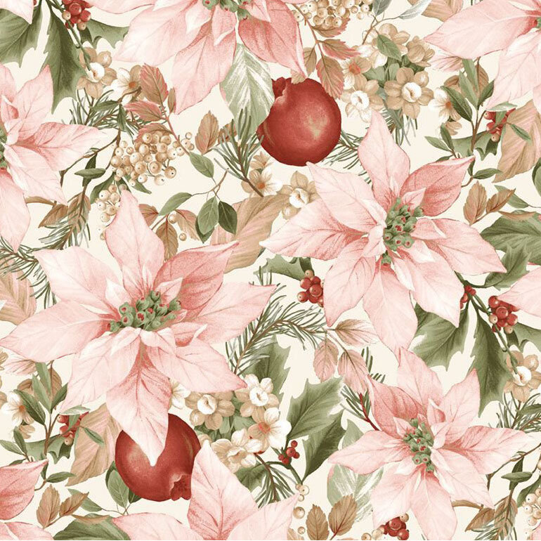 Cream fabric with a packed design of holly sprigs, pine branches, leaves, small florals, and poinsettias.