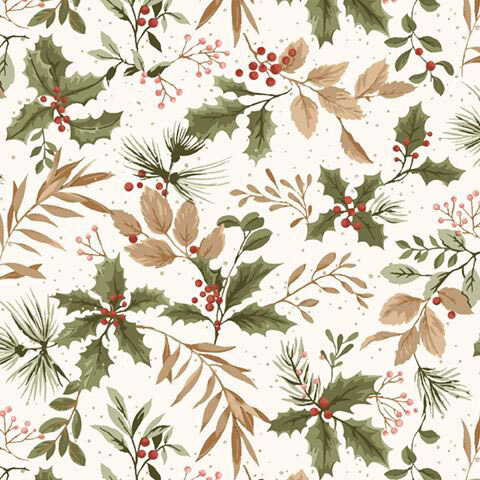 White fabric with a tossed pattern of Christmas botanicals like holly sprigs, winterberries, and pine boughs.