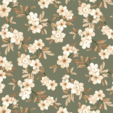 Feldgrau green fabric with a neutral floral vine pattern.