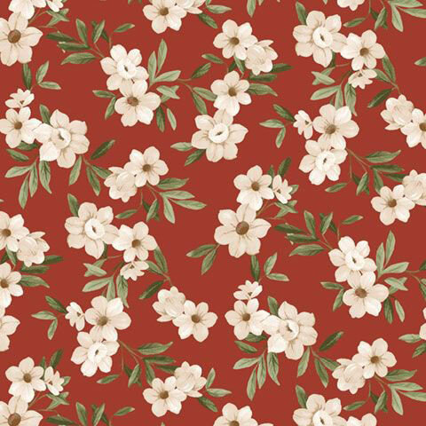 Christmas red fabric with a neutral floral vine pattern.