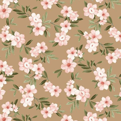 Tan fabric with a pink and sage green floral vine pattern.