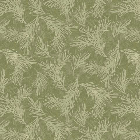 Loden green fabric with a tossed pattern of sage green pine sprigs.