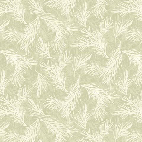 Light sage fabric features a tossed pattern of light pine sprigs.