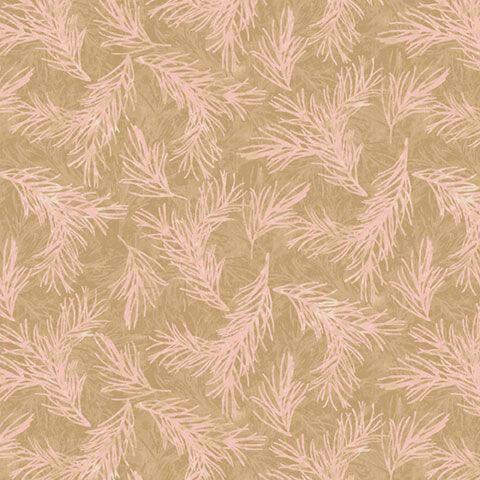 Tan fabric with a tossed pattern of soft pink pine sprigs.