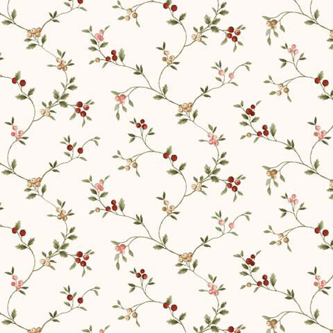 Fabric with a berry vine pattern stretched across a white background.