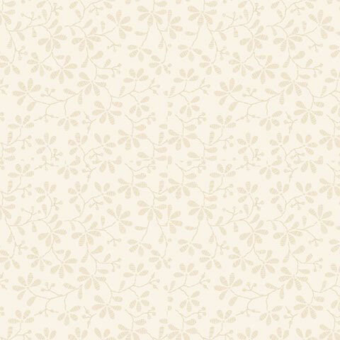 Cream fabric with a pattern of tonal, sand tan floral vines.