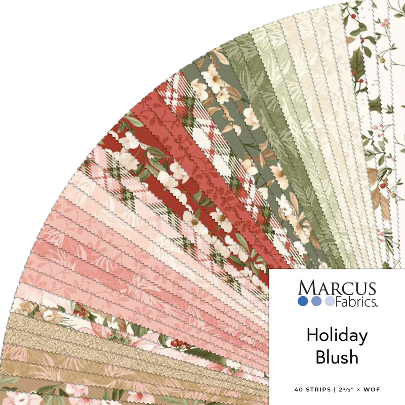 Digital fanned collage of the 2.5" Strip Roll Bundle from the Holiday Blush fabric collection.