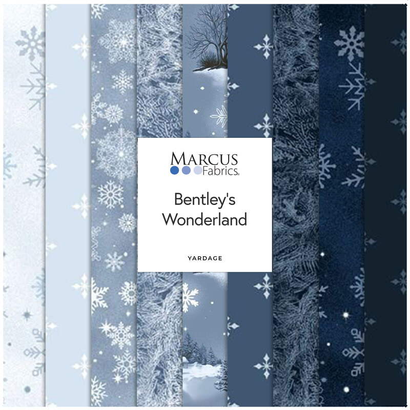 Digital collage of the available blue, winter yardage fabrics from the Bentley's Wonderland fabric collection.