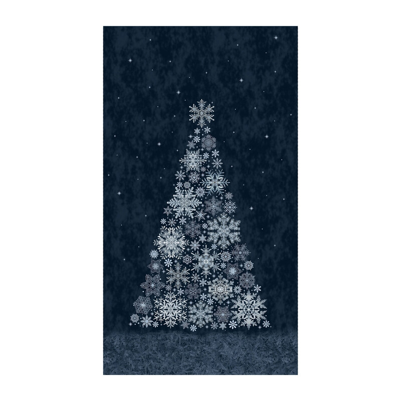 Mottled, midnight blue panel with a wintry scene of a stylized snowflake tree on an icy floor decorated with light snowflakes. 