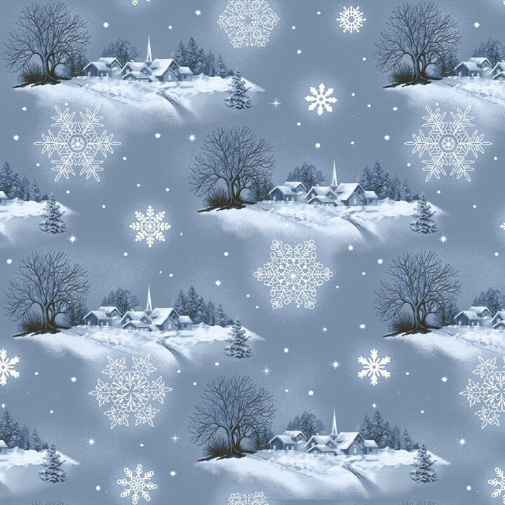 Mottled slate blue fabric with a toile pattern of wintry village scenes scattered with white snowflakes.