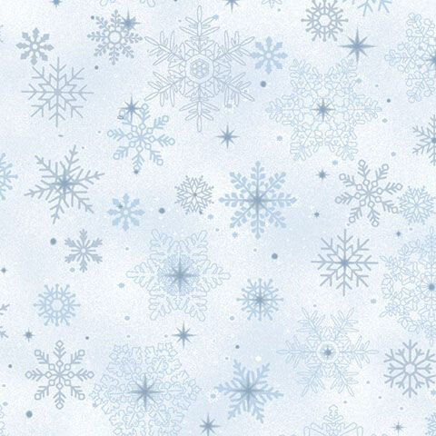 Mottled pastel blue fabric with a scattered pattern of snowflakes and small stars.