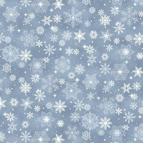 Mottled powder blue fabric with a scattered pattern of small snowflakes and small stars.