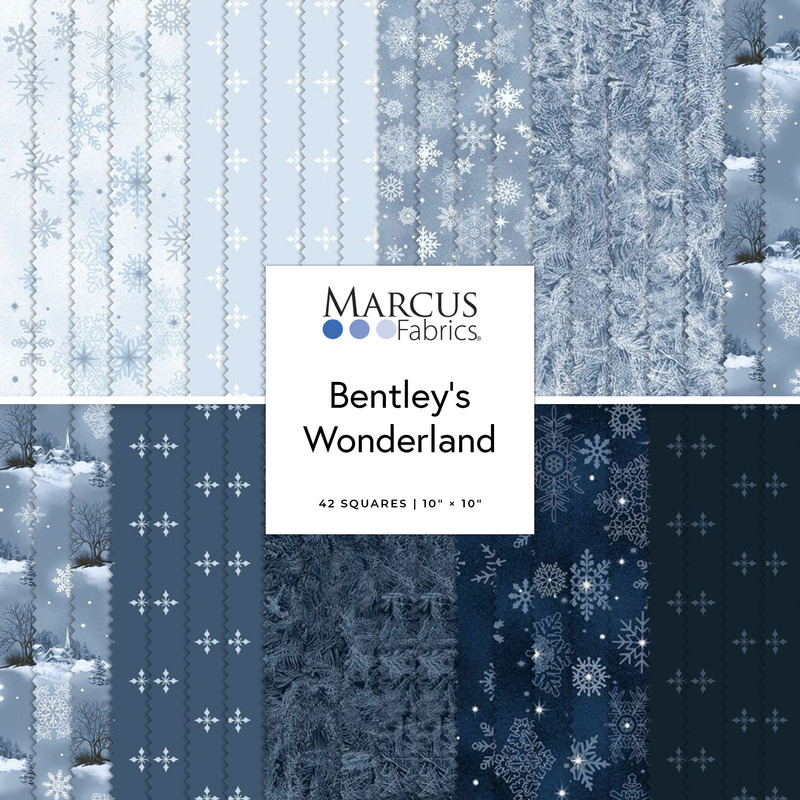 Digital collage of blue, winter fabrics in the 10" Squares Bundle from the Bentley's Wonderland fabric collection.