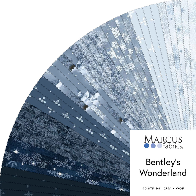 Digital fanned collage of blue, winter fabrics in the 2.5" Strip Roll Bundle from the Bentley's Wonderland fabric collection.