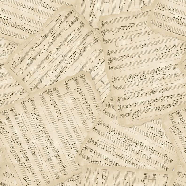 Cream fabric with a layered pattern of Christmas sheet music.