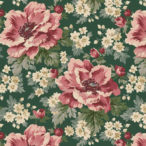 Pine green fabric with a scattered pattern of florals and leaves.
