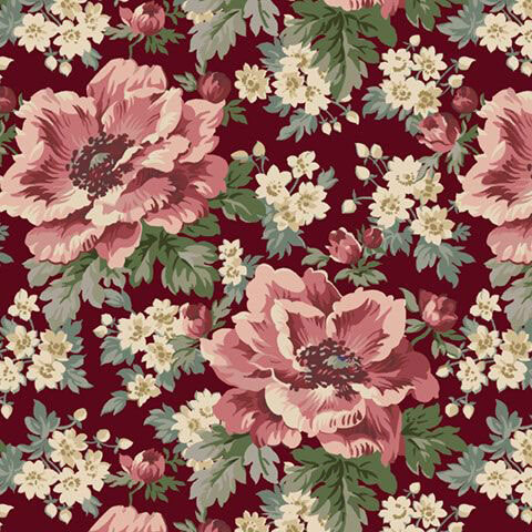 Wine red fabric with a scattered pattern of florals and leaves.