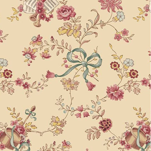 Light tan fabric with a scattered pattern of floral vines with bows and musical instruments.
