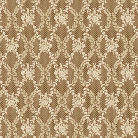 Cocoa fabric with a dotted grid topped with a tonal floral damask pattern.