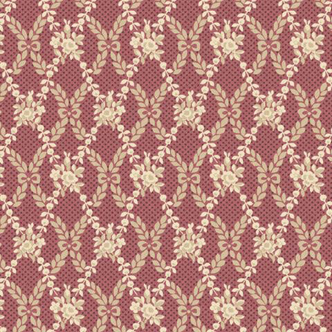 Dark blush fabric with a dotted grid topped with a floral damask pattern.