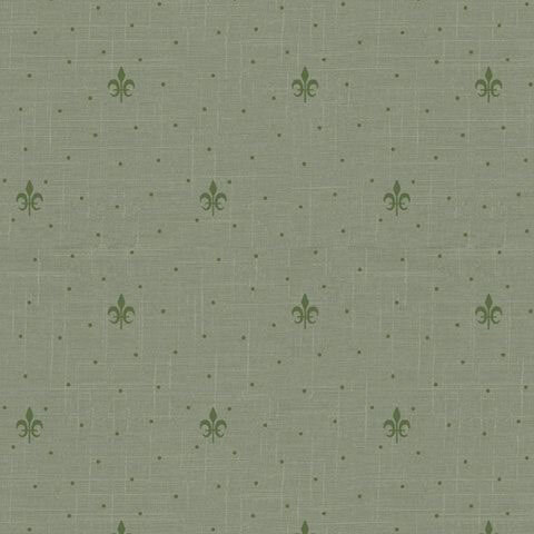 Textured cool sage fabric with a scattered pine green pin dot and fleur-de-lis pattern.