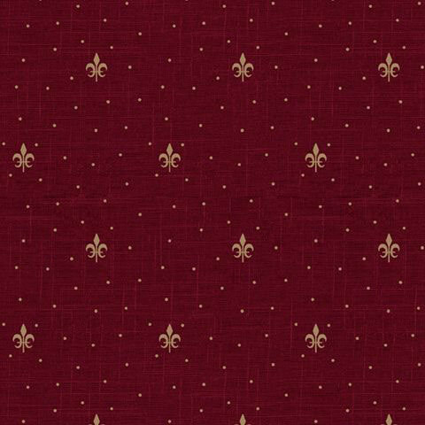 Textured wine red fabric with a scattered golden pin dot and fleur-de-lis pattern.
