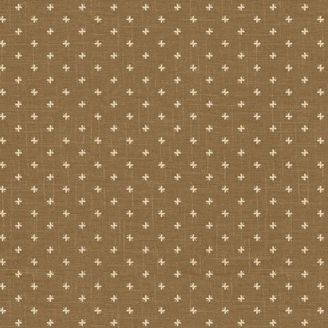 Textured olive brown fabric with a staggered grid of stylized tan star motifs.