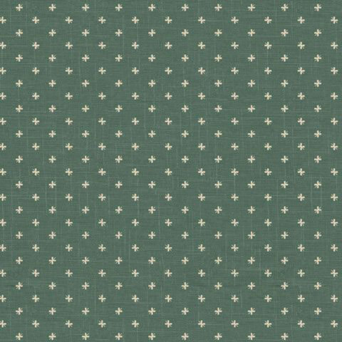 Textured viridian green fabric with a staggered grid of stylized tan star motifs.