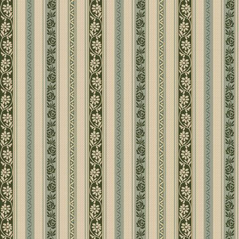 Tan fabric with green stripes full of florals, vines, and dotted patterns.
